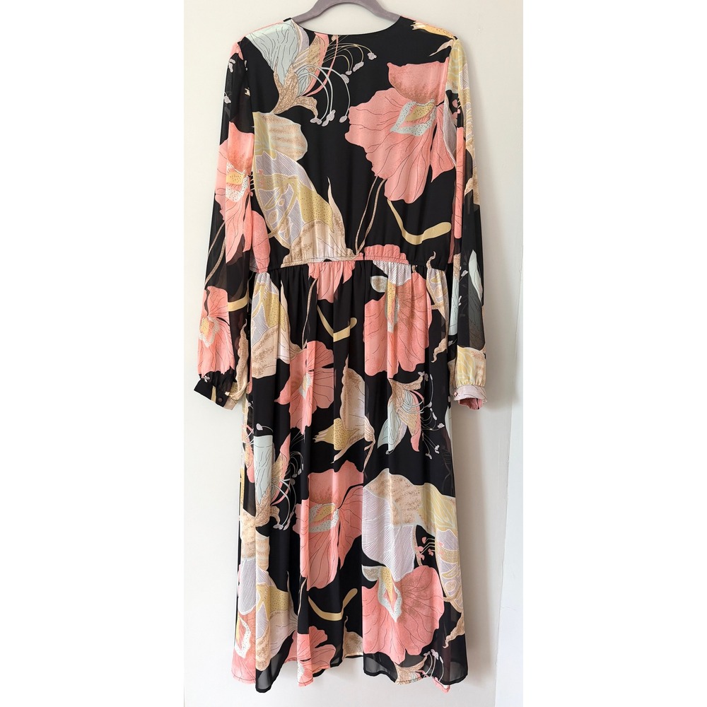 Lulus‎ Wondrous Water Lilies Black Floral Long Sleeve Midi/Maxi Dress XL NWT - Picture 9 of 11